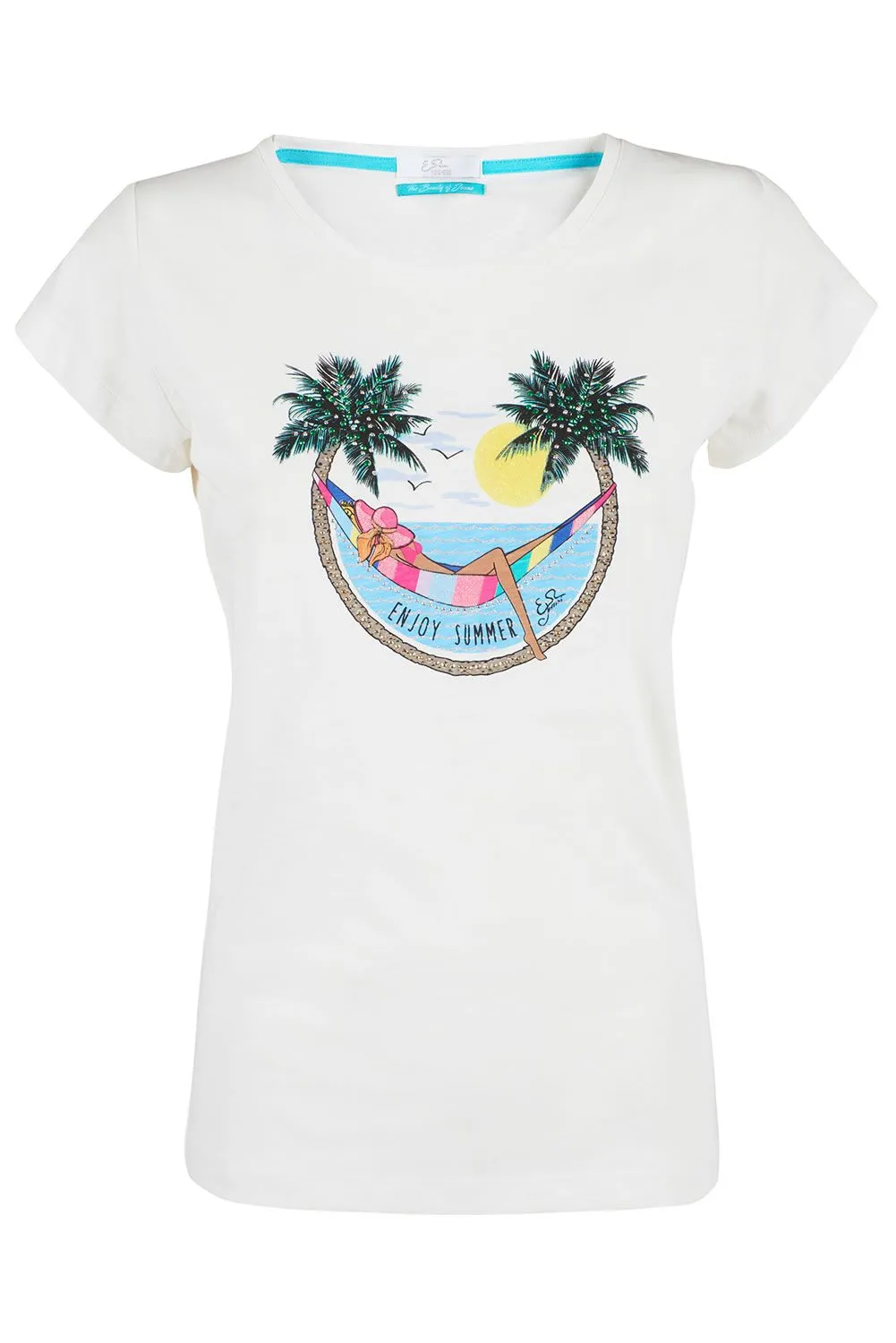 Yes Zee Women's Elegant White Tee with Sparkling Front Print