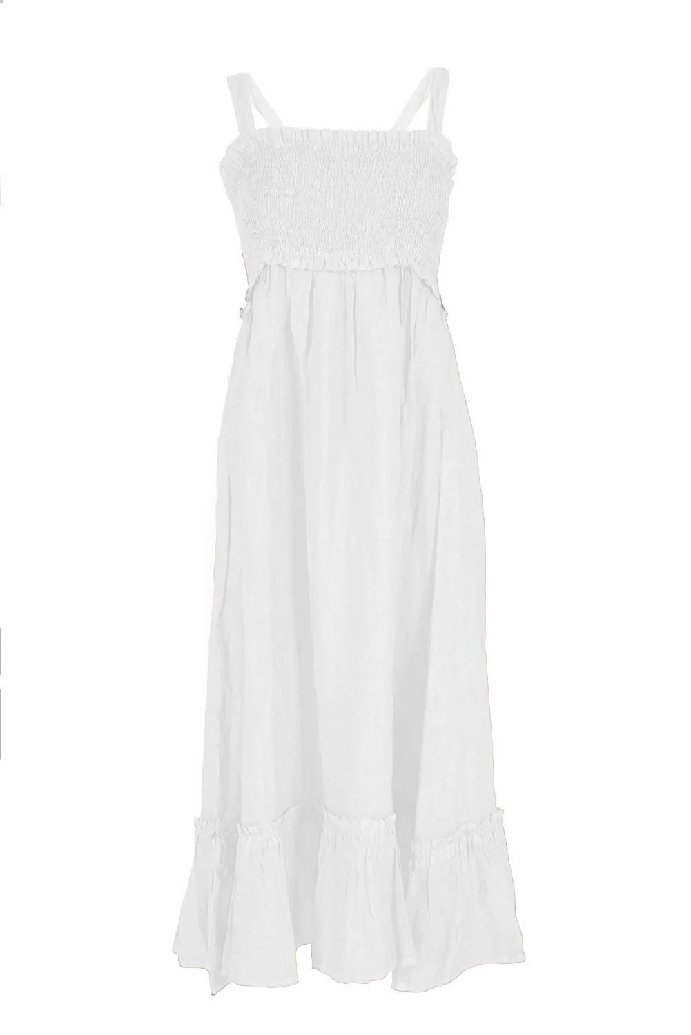 Yes Zee Women's Elegant White Linen Maxi Dress with Smocked Bodice