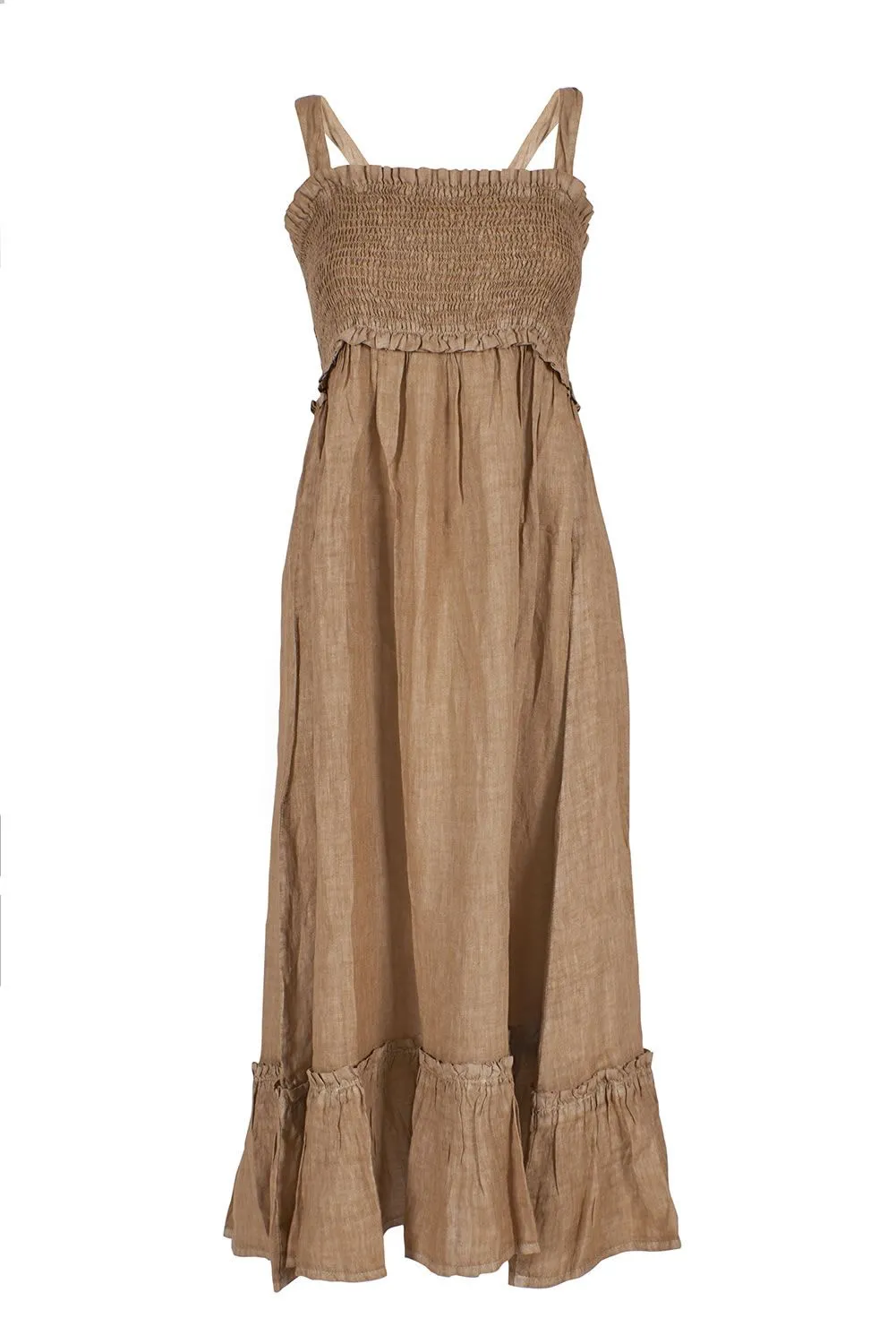 Yes Zee Women's Elegant Beige Linen Maxi Dress with Flounce Hem