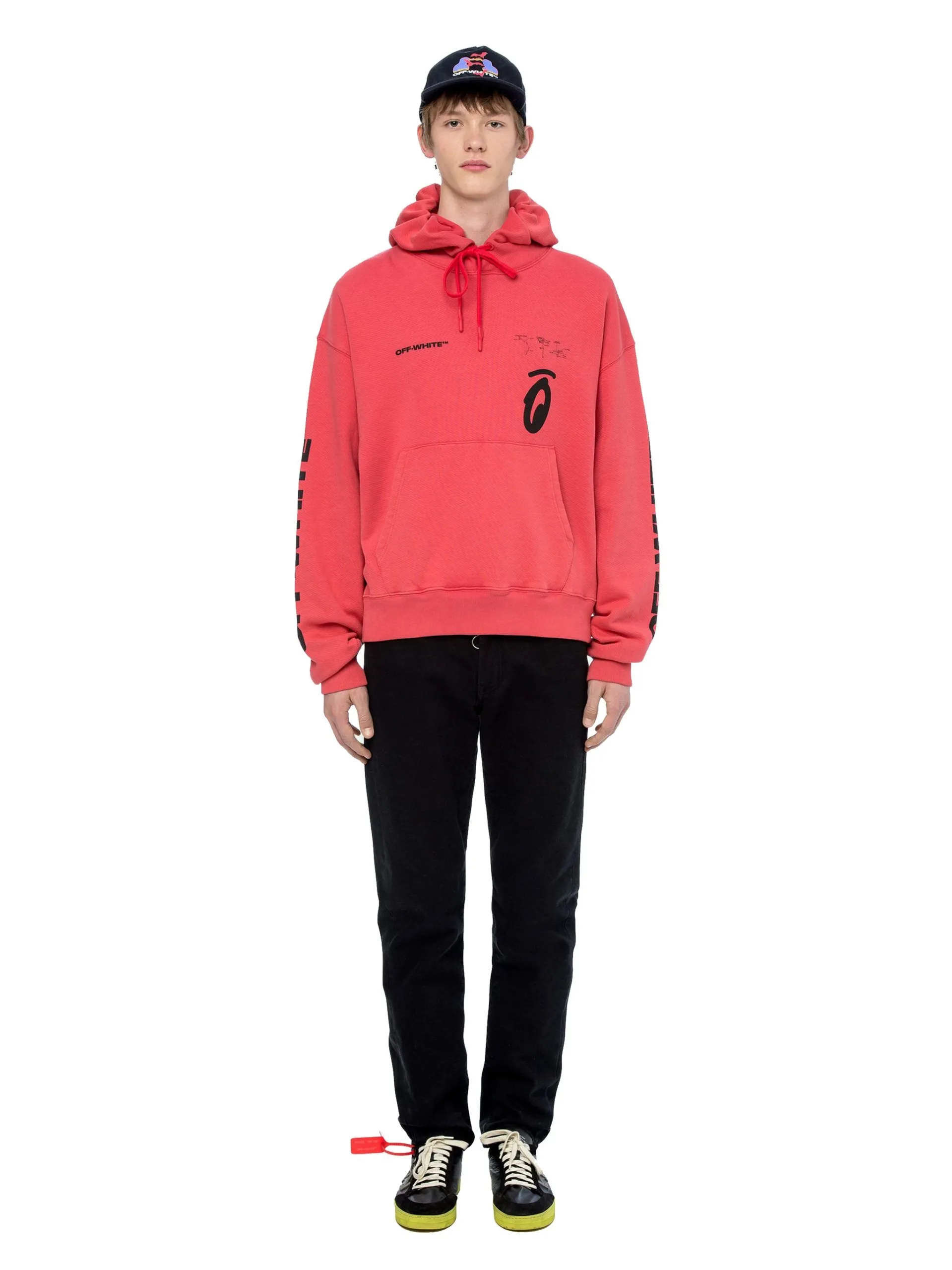 Off-White Men's Red Hooded Cotton Sweatshirt with Graphic Print