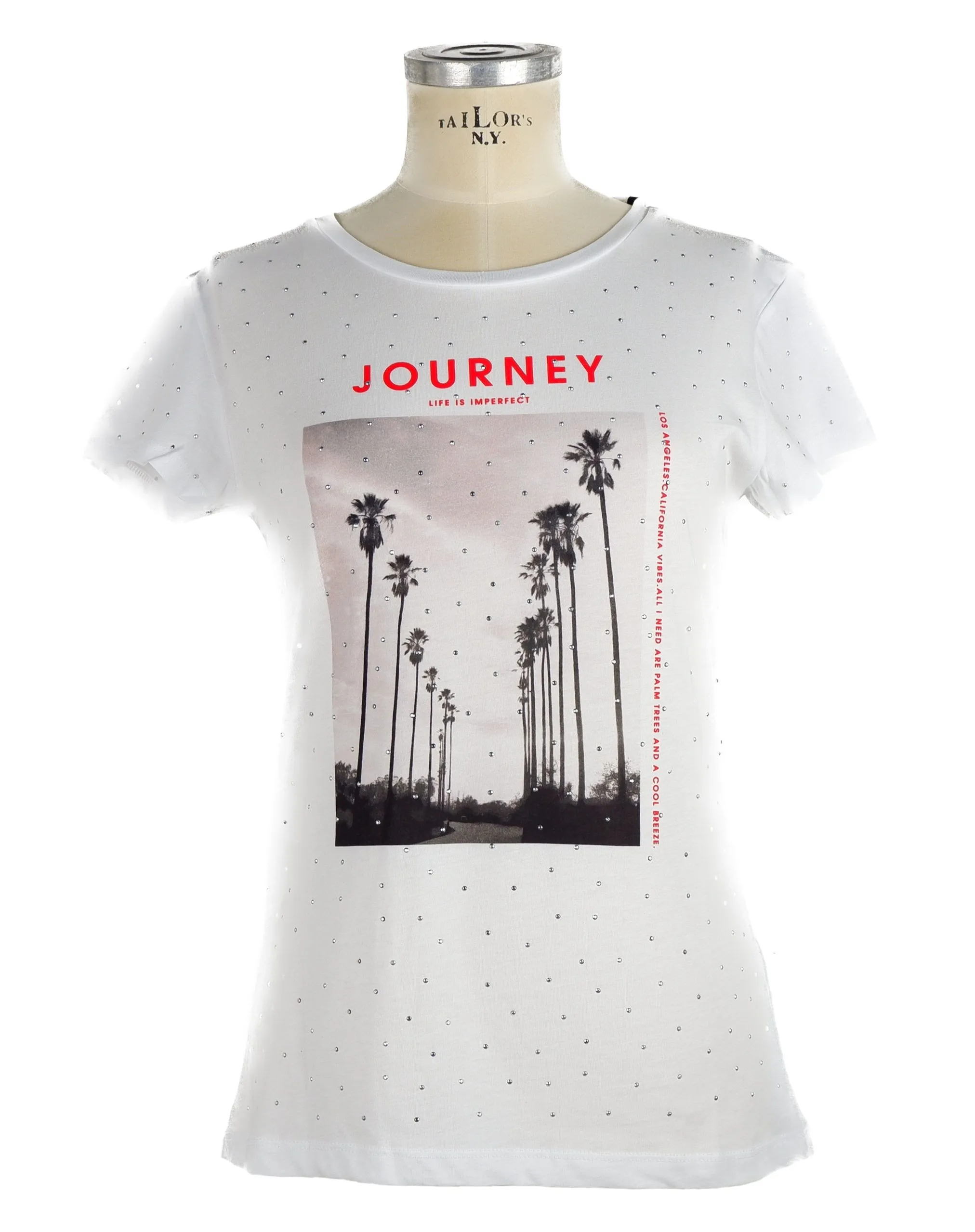 Imperfect Women's Chic White Graphic Tee with Stud Accents