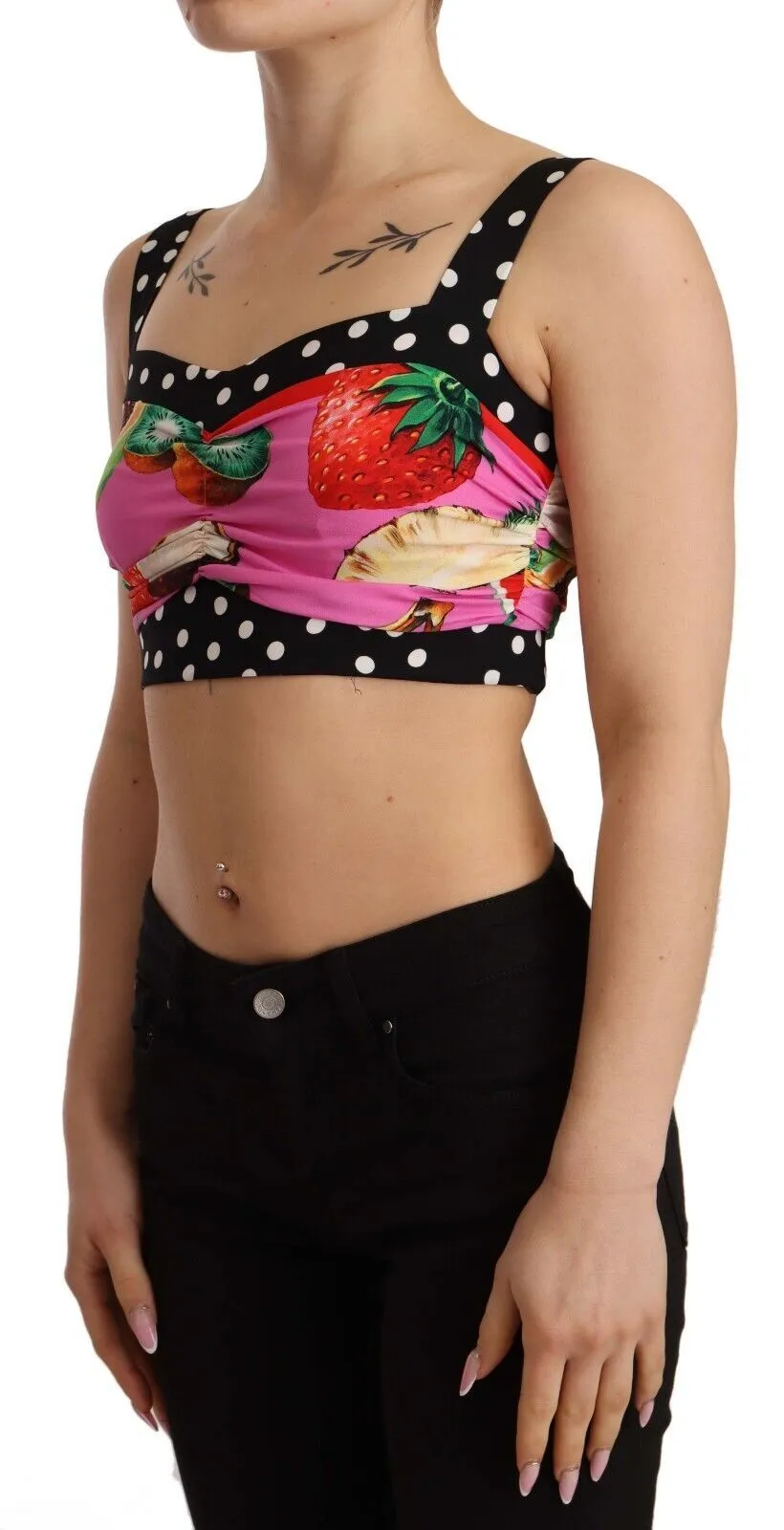 Dolce & Gabbana Women's Multicolor Silk Cropped Polka Fruit Print Top
