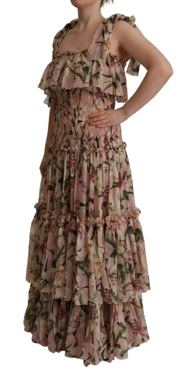 Dolce & Gabbana Women's Elegant Pink Floral Ruched Silk Long Dress