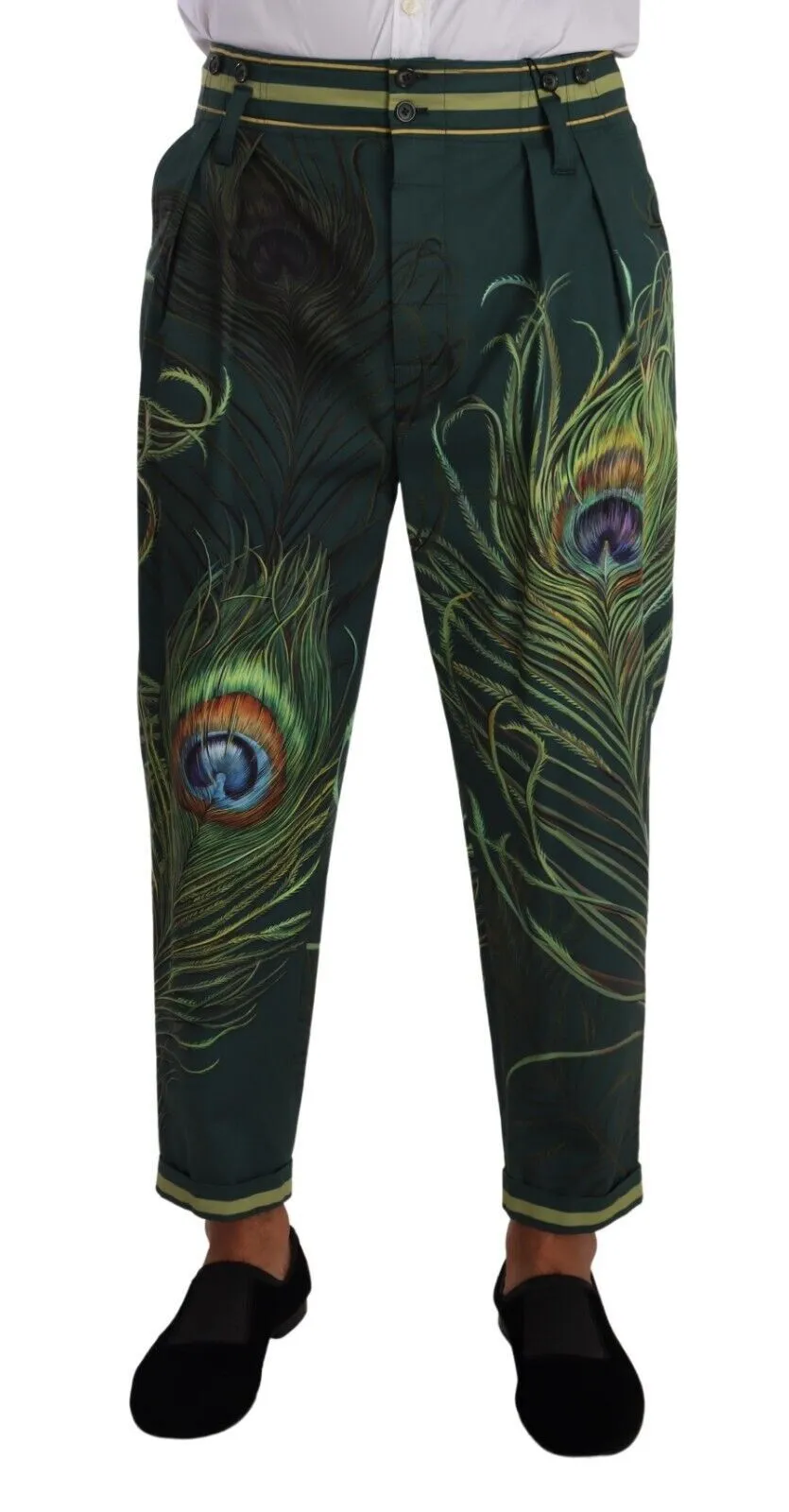 Dolce & Gabbana Men's Elegant Tapered Cotton Pants with Peacock Feather Print