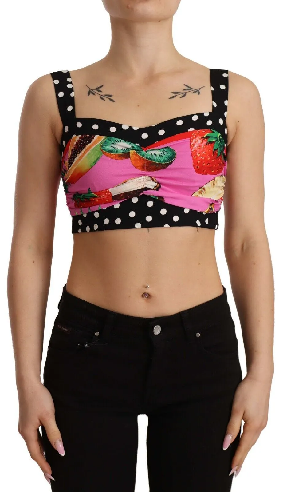Dolce & Gabbana Women's Multicolor Silk Cropped Polka Fruit Print Top
