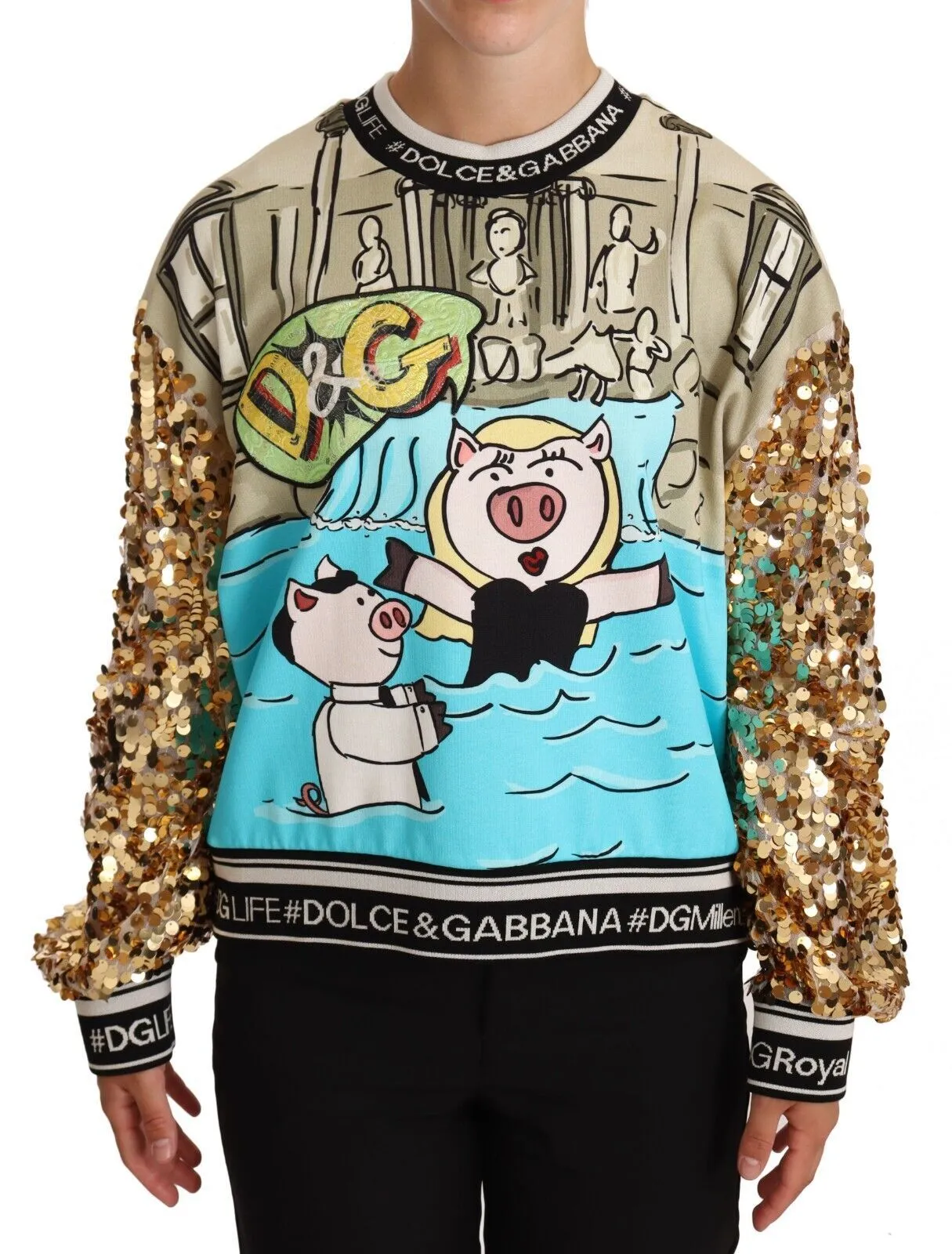 Dolce & Gabbana Women's Multicolor Sequined Pig Print Sweatshirt