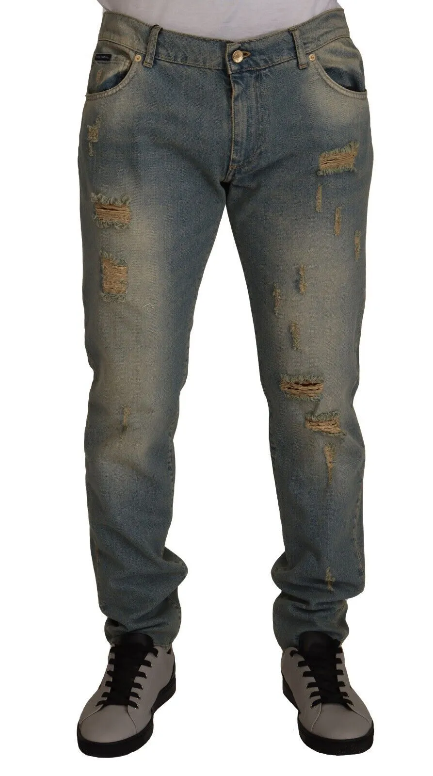 Dolce & Gabbana Men's Light Blue Washed Tattered Cotton Denim Jeans