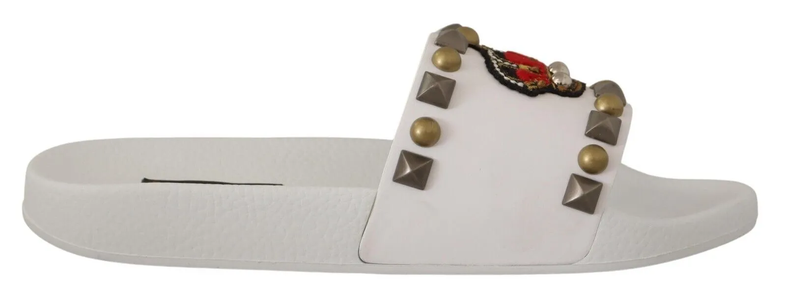 Dolce & Gabbana Men's Regal White Leather Slides with Crown Patch