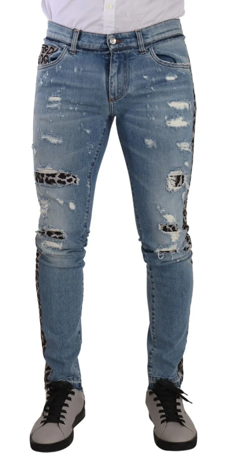 Dolce & Gabbana Men's Elegant Slim Fit Denim with Leopard Details