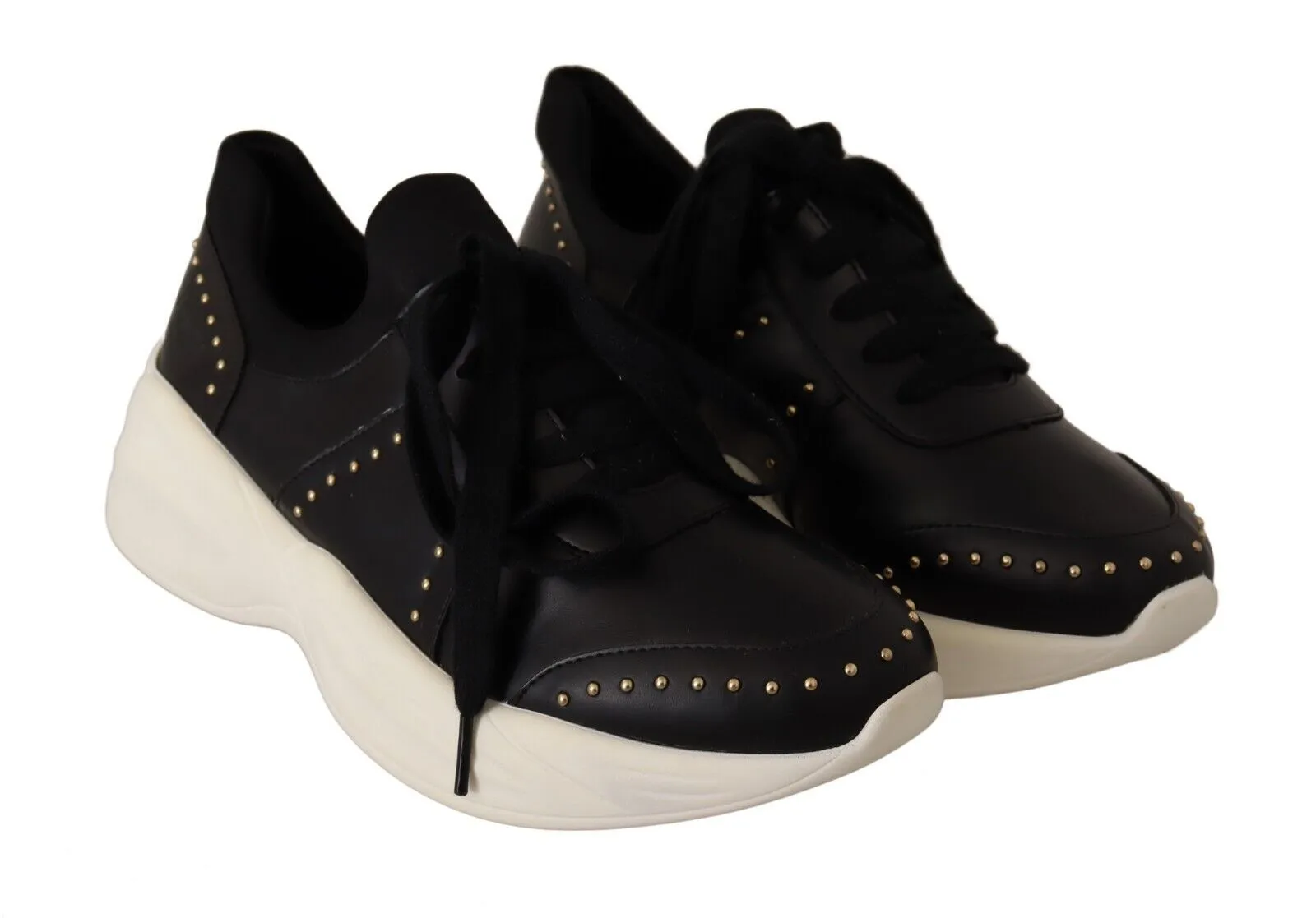 MY TWIN Women's Chic Black Lace-Up Leather Sneakers