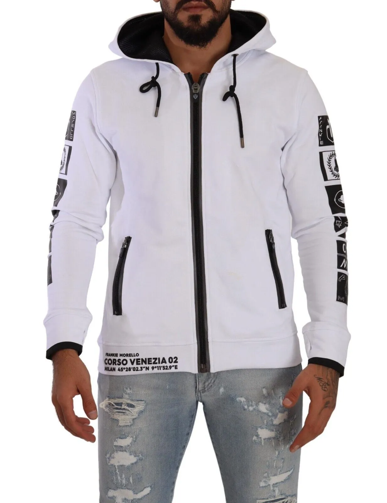 Frankie Morello Men's Chic White Hooded Zipper Sweatshirt Jacket