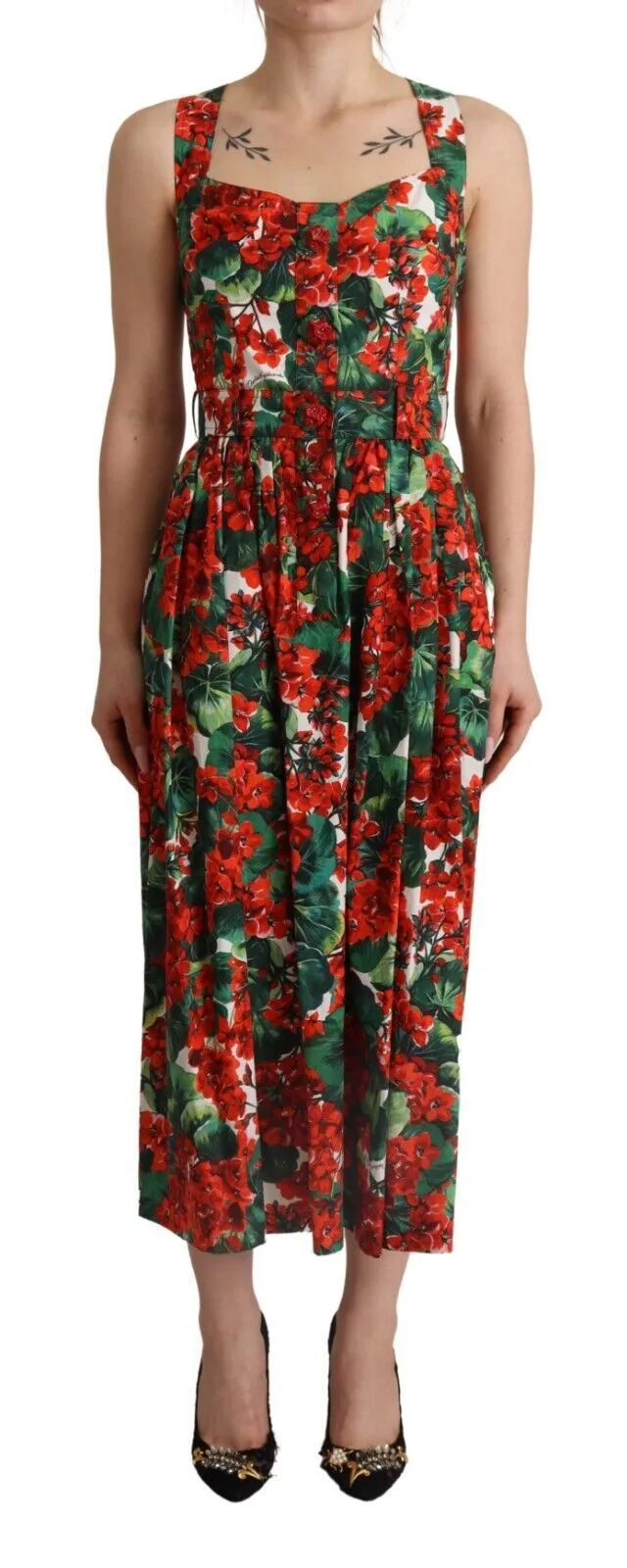 Dolce & Gabbana Women's Red Geranium Print Cotton Pleated Maxi Dress