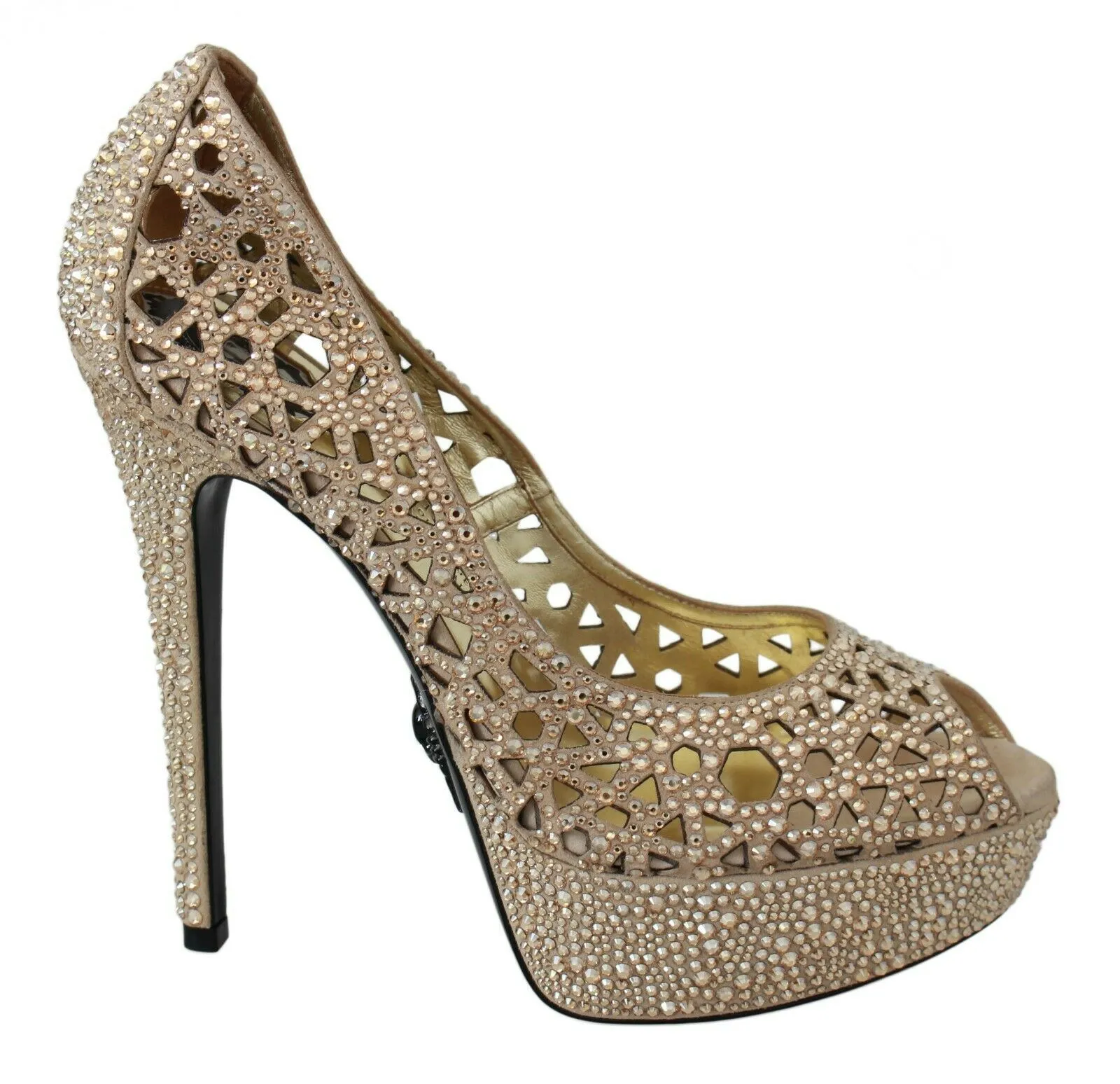 Philipp Plein Women's Elegant Beige Leather Heeled Pumps with Rhinestones
