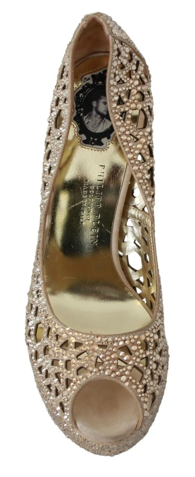 Philipp Plein Women's Elegant Beige Leather Heeled Pumps with Rhinestones