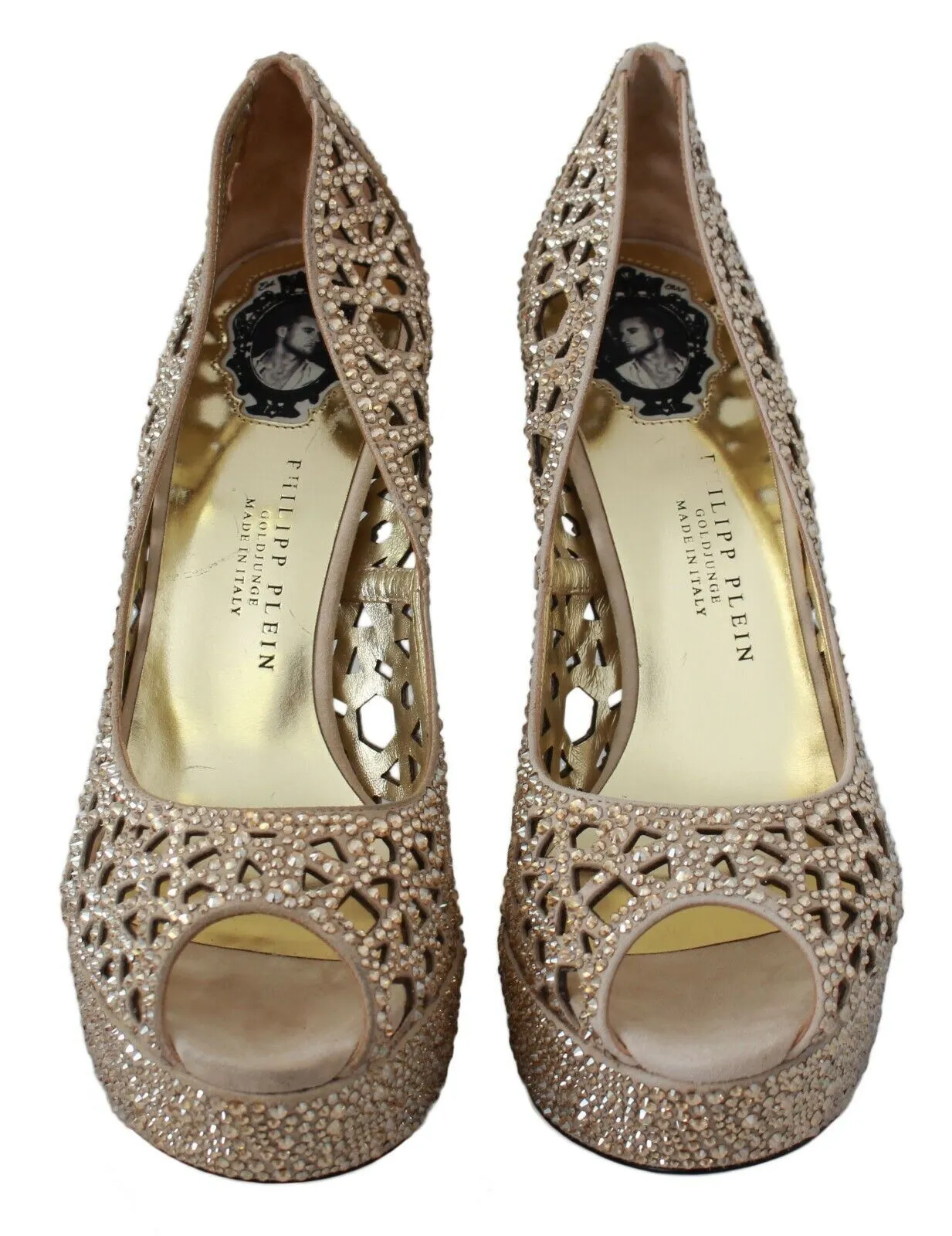 Philipp Plein Women's Elegant Beige Leather Heeled Pumps with Rhinestones