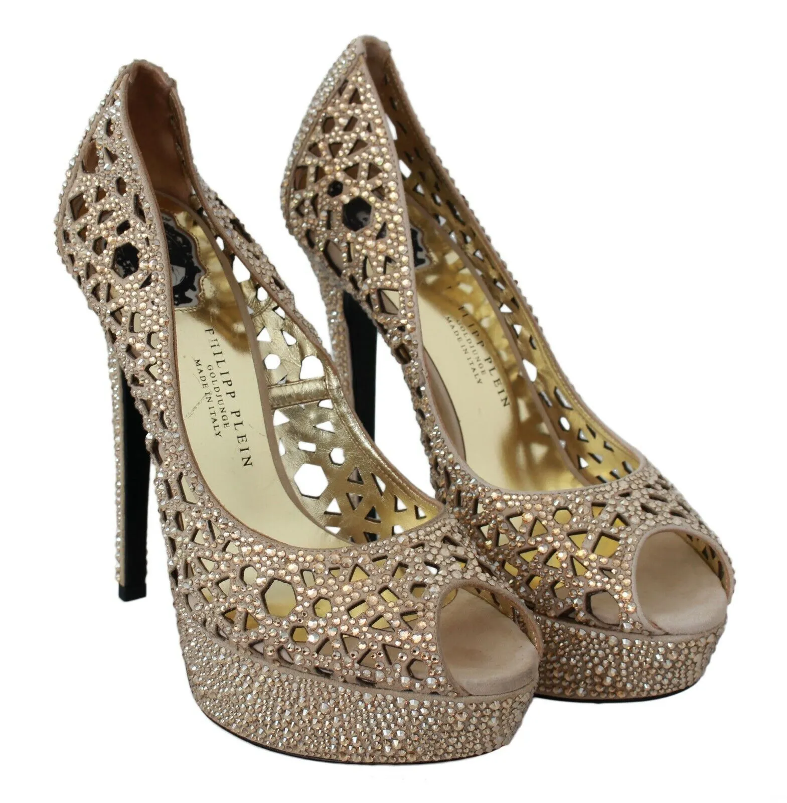 Philipp Plein Women's Elegant Beige Leather Heeled Pumps with Rhinestones