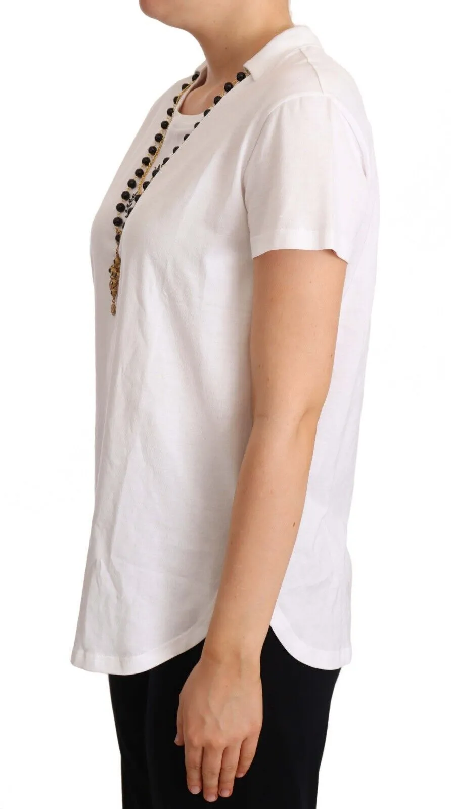 Dolce & Gabbana Women's Elegant Short-Sleeved Tee with Gold Cross Pendant
