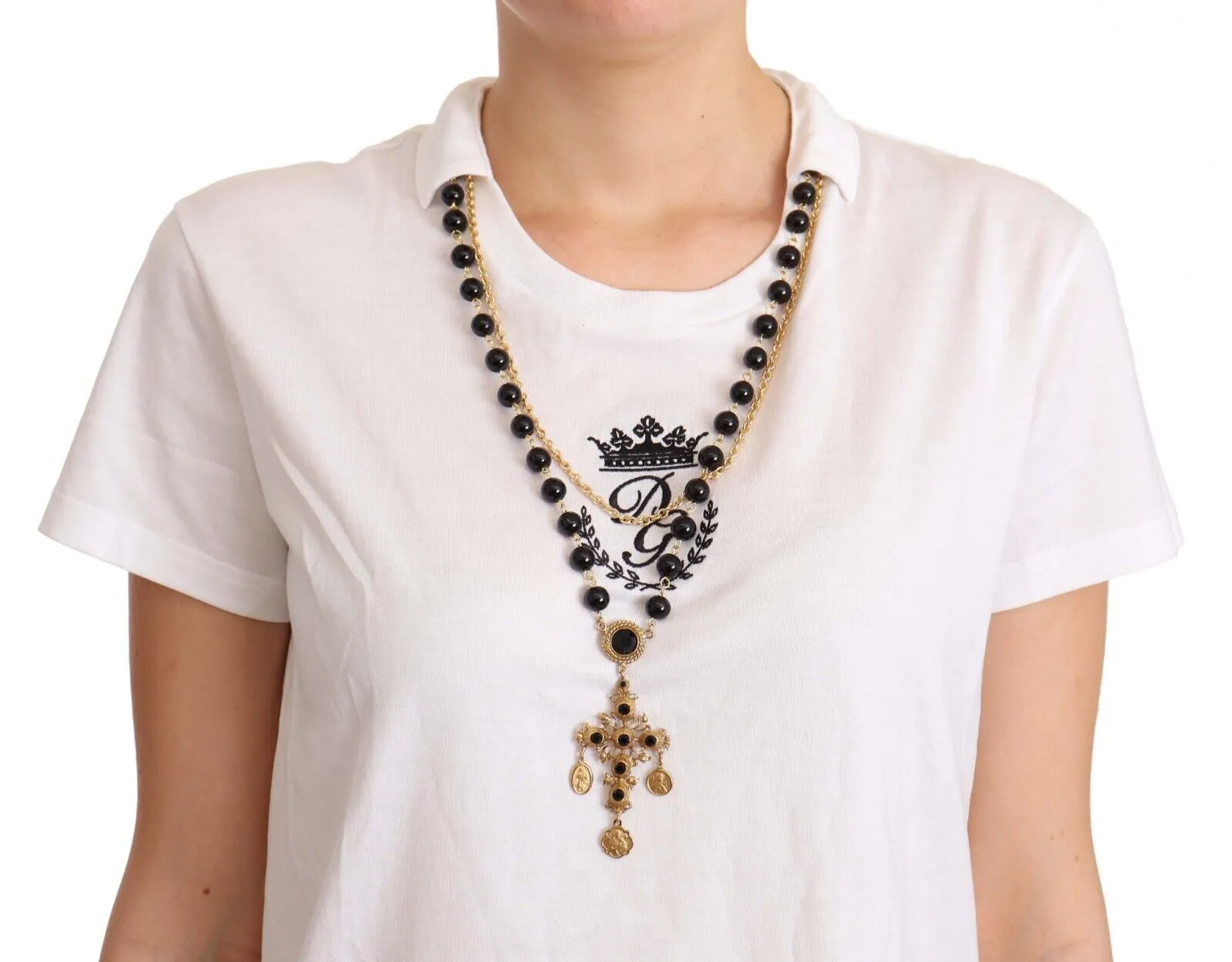 Dolce & Gabbana Women's Elegant Short-Sleeved Tee with Gold Cross Pendant