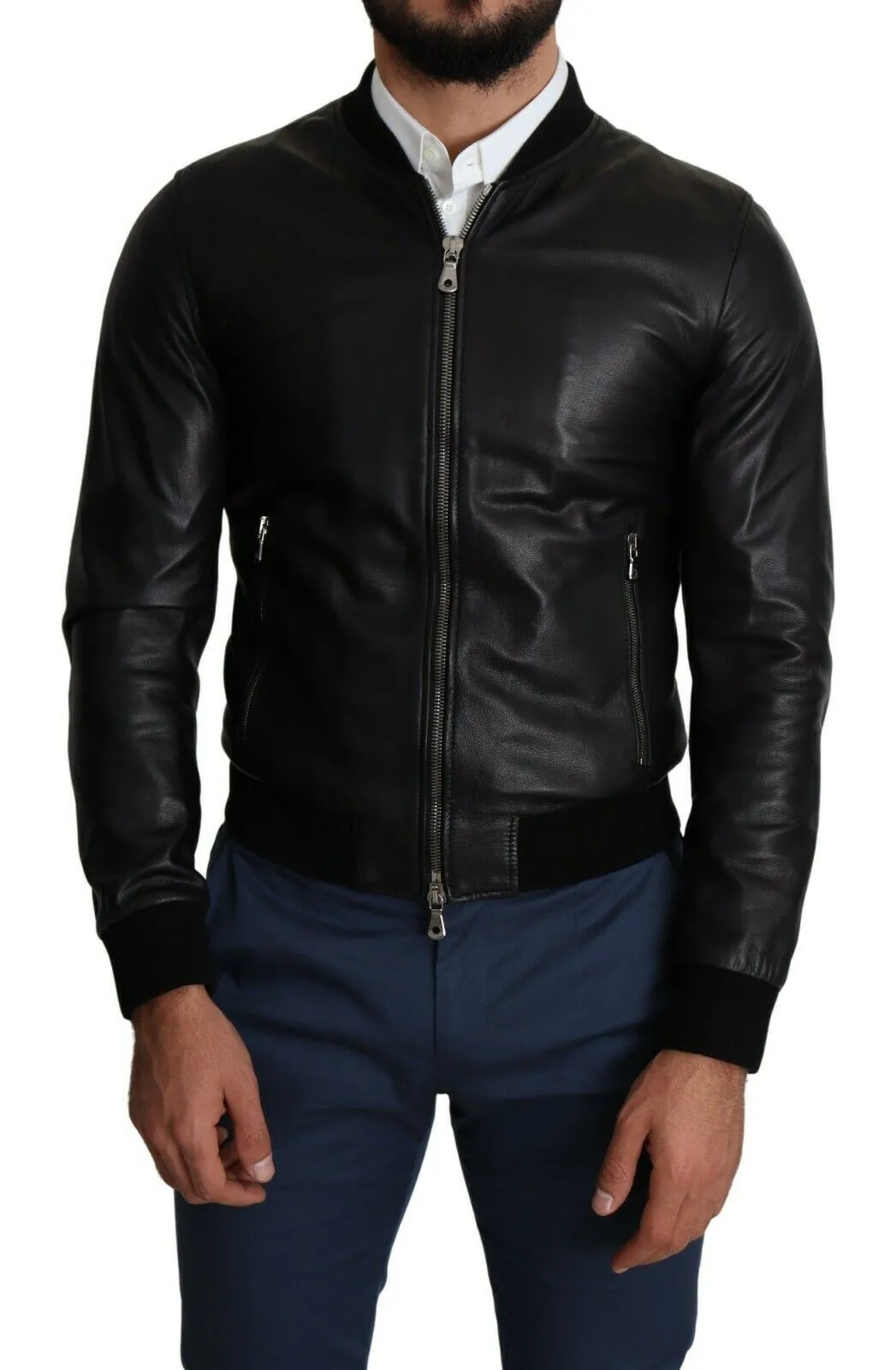 Dolce & Gabbana Men's Elegant Black Leather Bomber Jacket