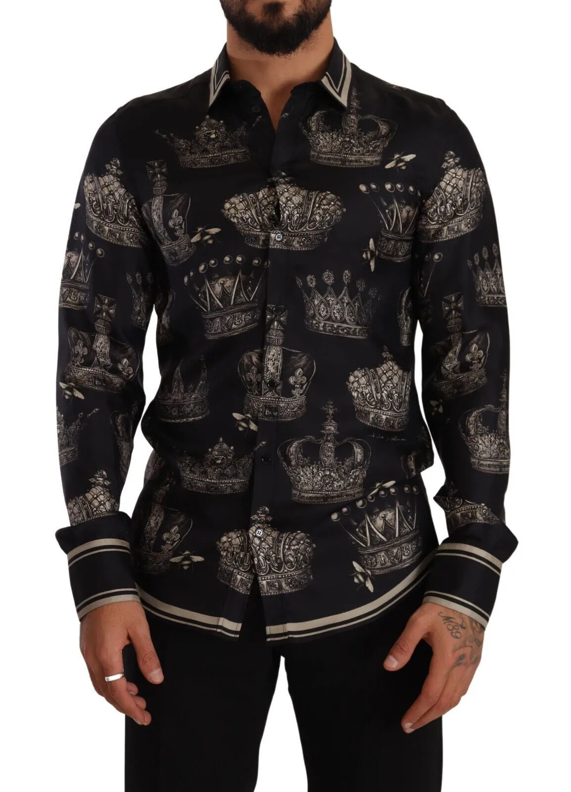 Dolce & Gabbana Men's Slim Fit Crown Print Silk Shirt