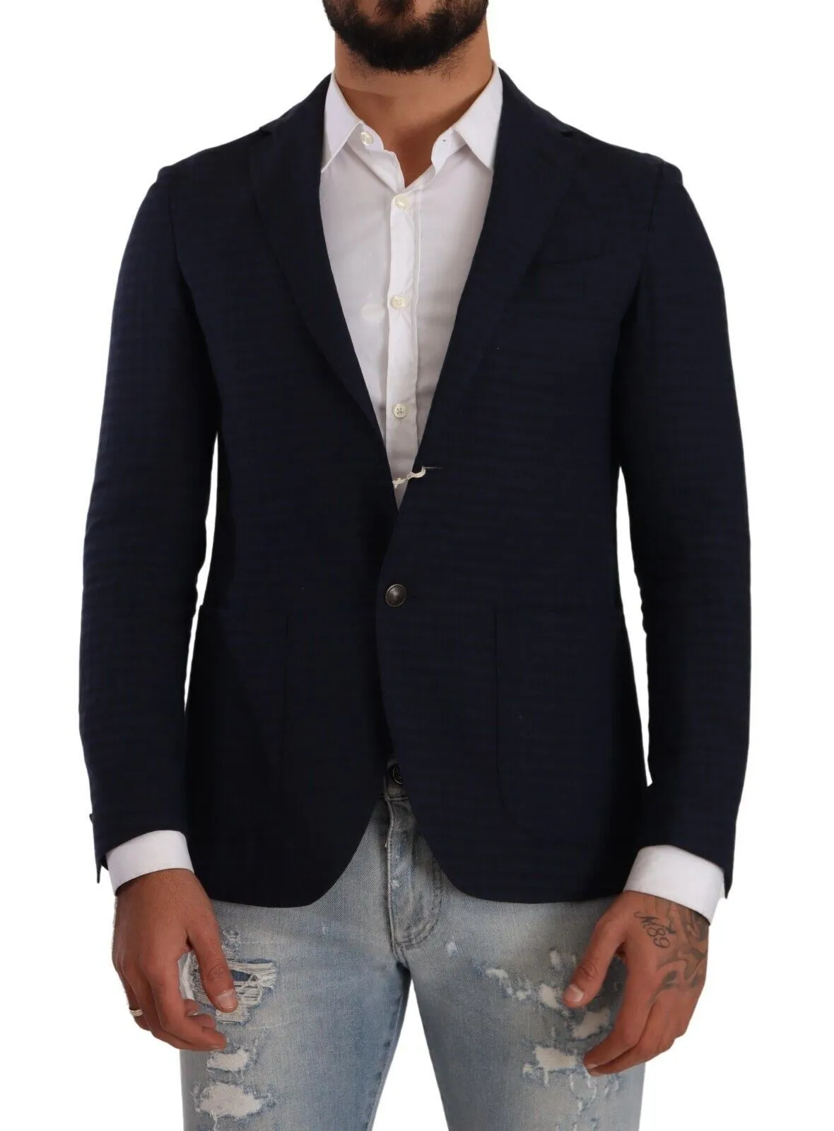 FRADI Men's Slim Fit Notch Lapel Blazer in Dark Blue