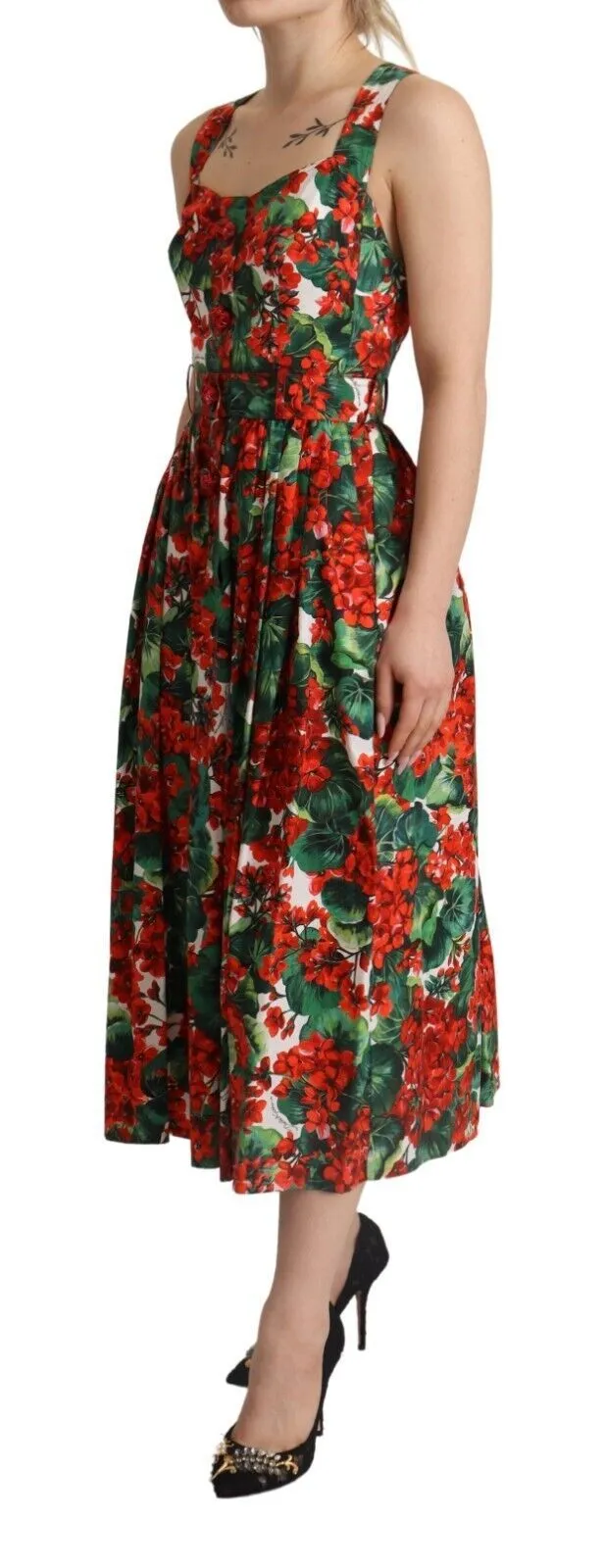 Dolce & Gabbana Women's Red Geranium Print Cotton Pleated Maxi Dress