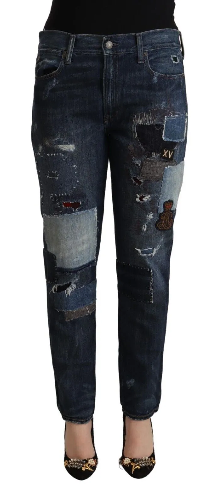 Ralph Lauren Women's Chic Patchwork Mid Waist Denim Jeans