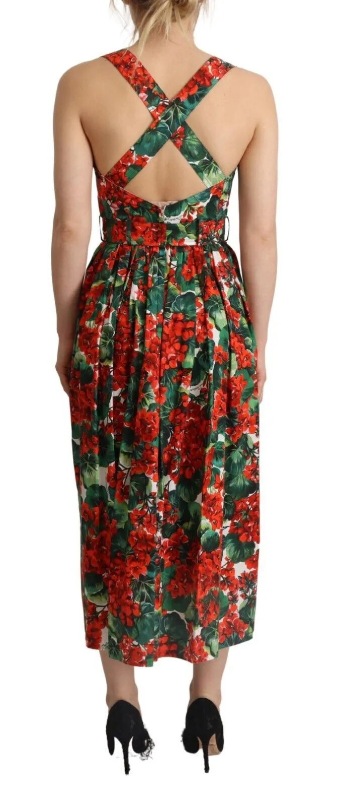 Dolce & Gabbana Women's Red Geranium Print Cotton Pleated Maxi Dress