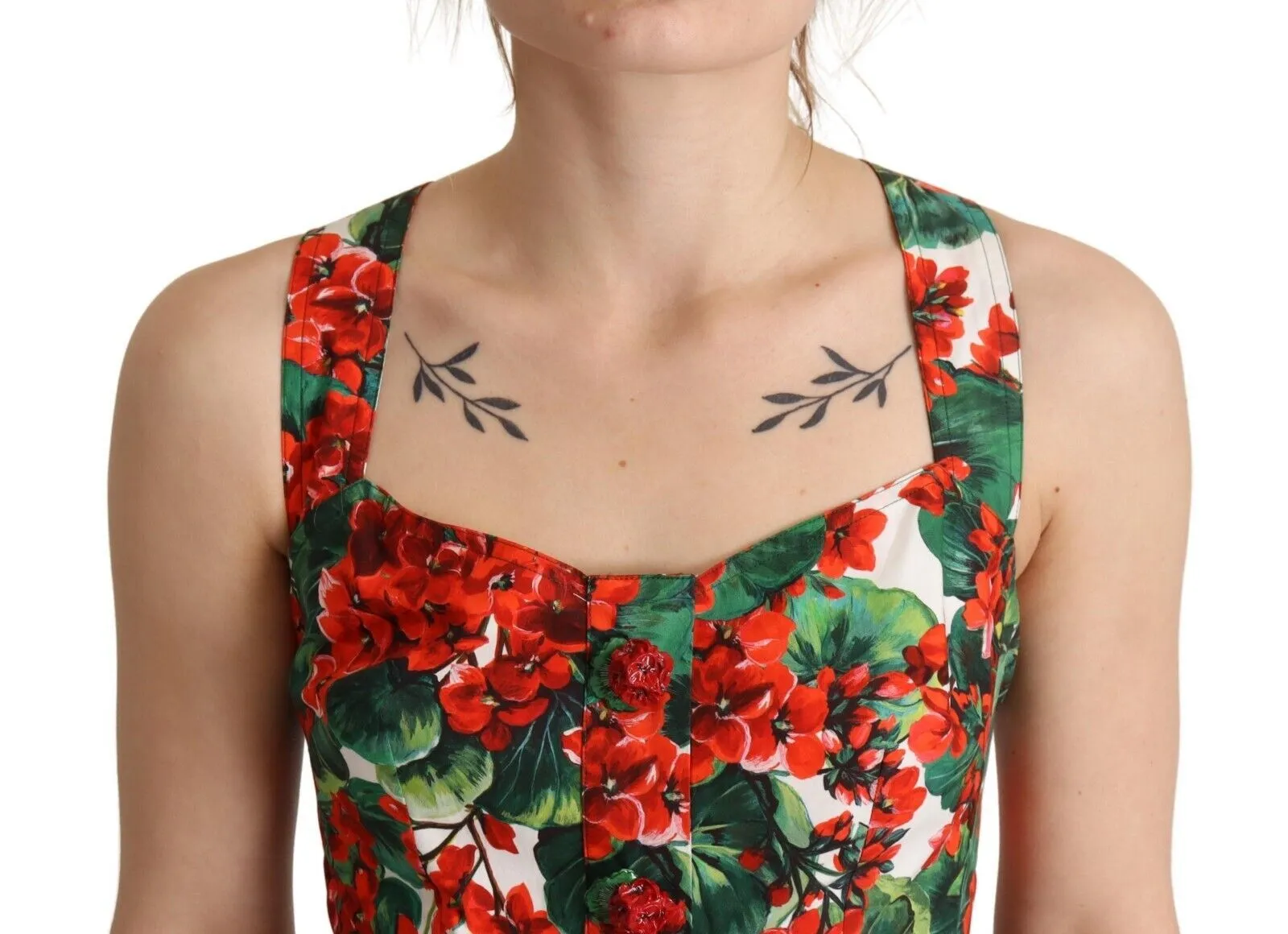 Dolce & Gabbana Women's Red Geranium Print Cotton Pleated Maxi Dress