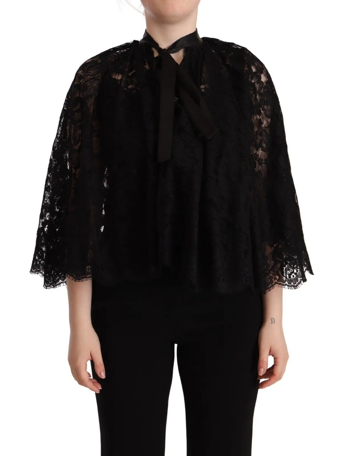 Dolce & Gabbana Women's Black Floral Lace Shoulder Wrap Sweater