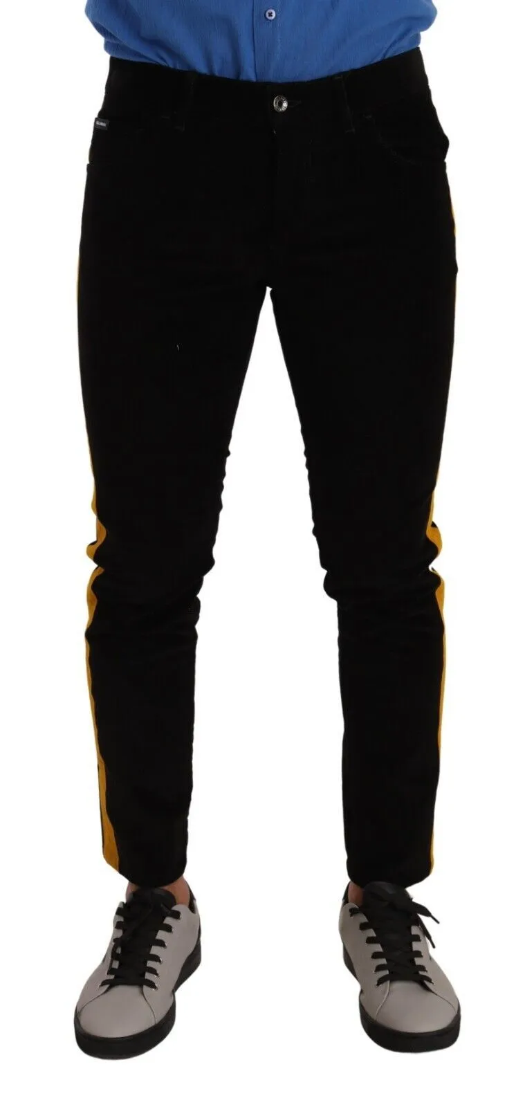 Dolce & Gabbana Men's Slim Fit Black Denim Jeans with Yellow Stripe
