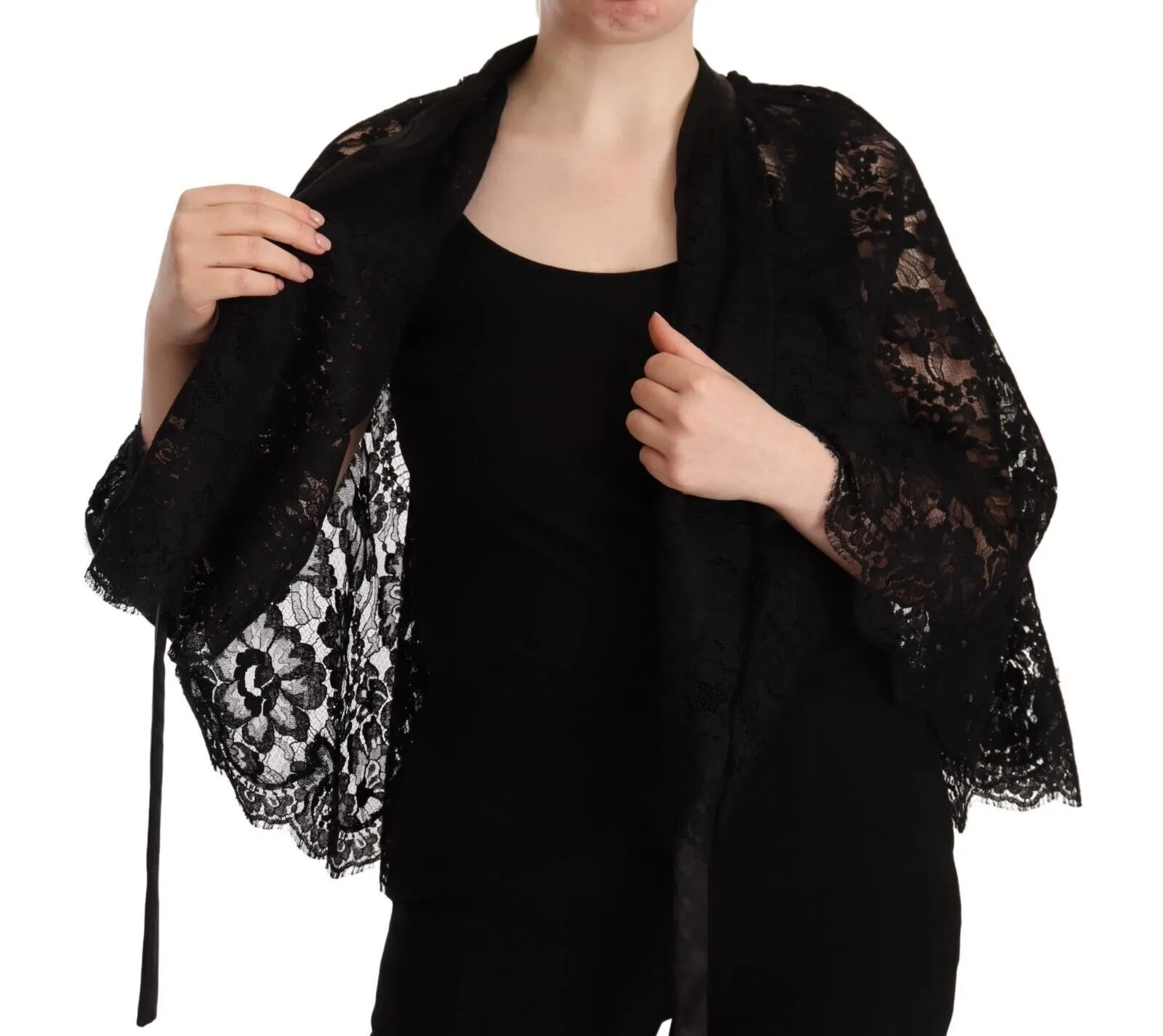 Dolce & Gabbana Women's Black Floral Lace Shoulder Wrap Sweater