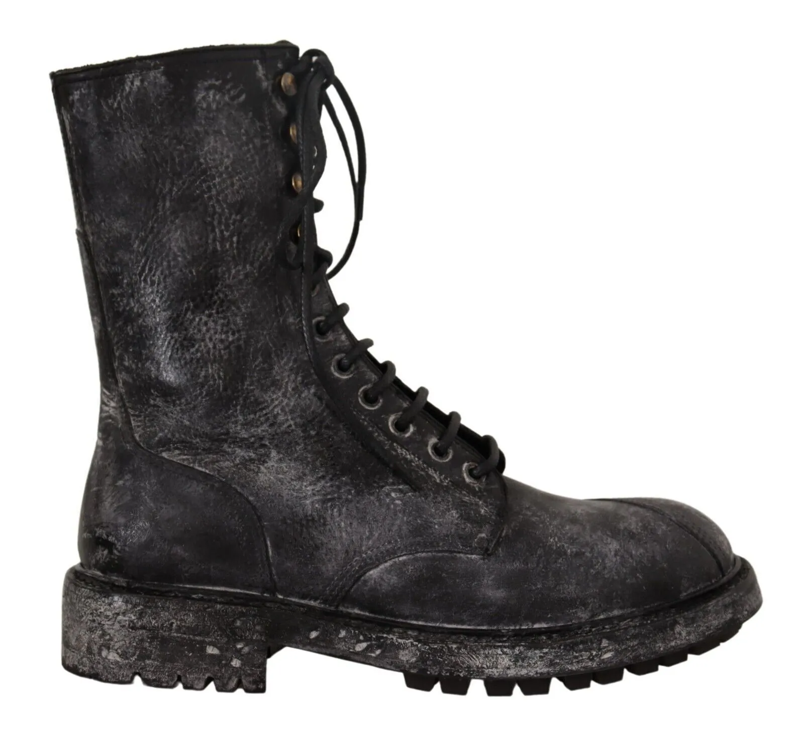 Dolce & Gabbana Men's Exclusive Leather Combat Boots in Black & Grey