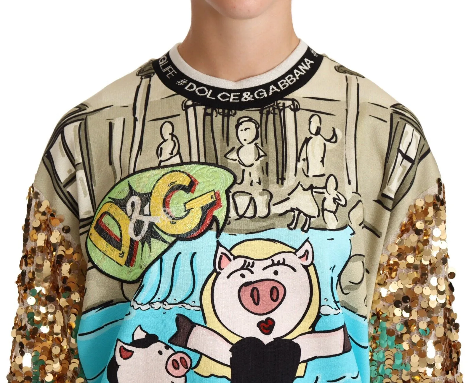 Dolce & Gabbana Women's Multicolor Sequined Pig Print Sweatshirt