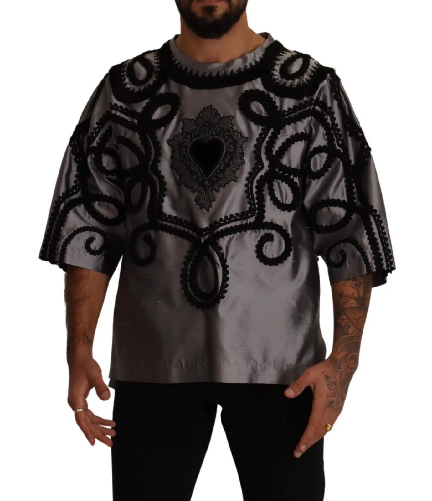 Dolce & Gabbana Men's Silk Crew Neck Tee with Sacred Heart Embroidery