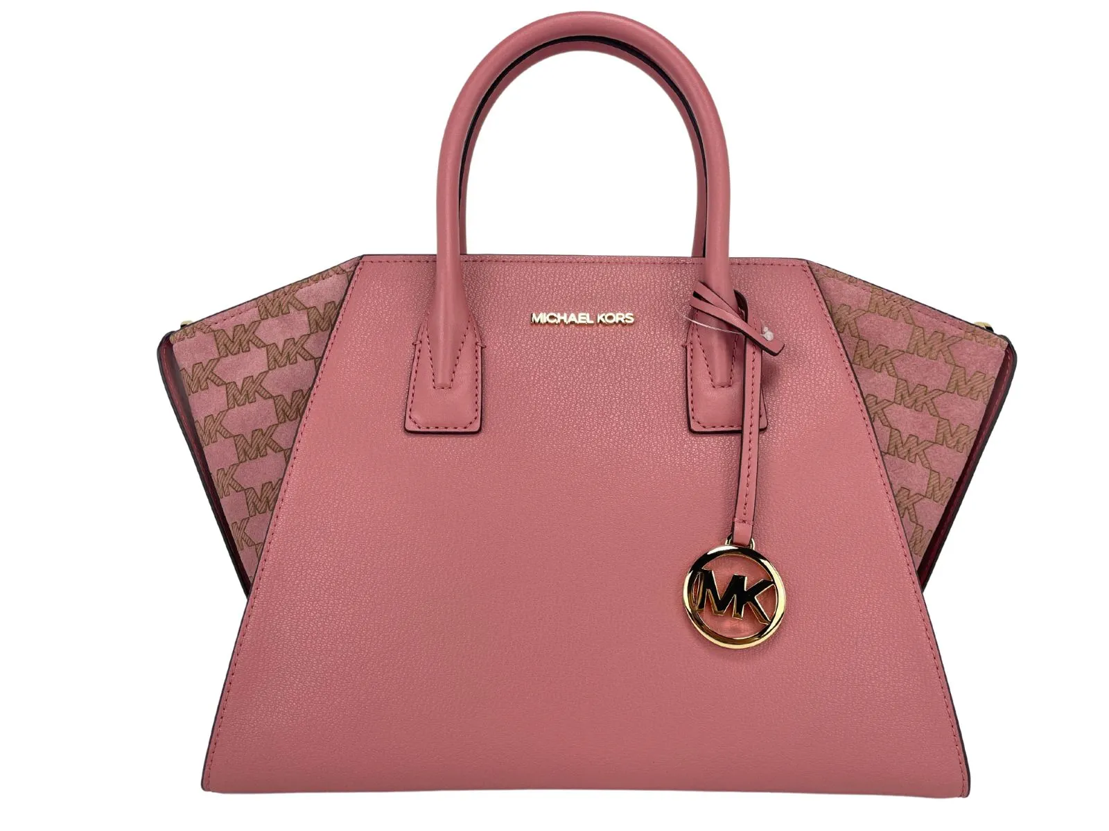 Michael Kors Women's Avril Large Rose Signature Leather Top Zip Satchel Crossbody Bag