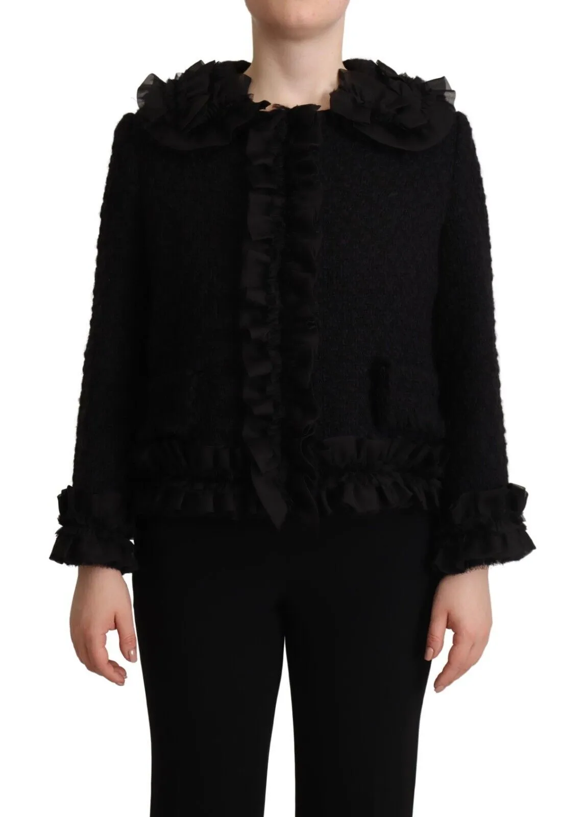 Dolce & Gabbana Women's Black Wool Ruffled Blazer Coat Jacket