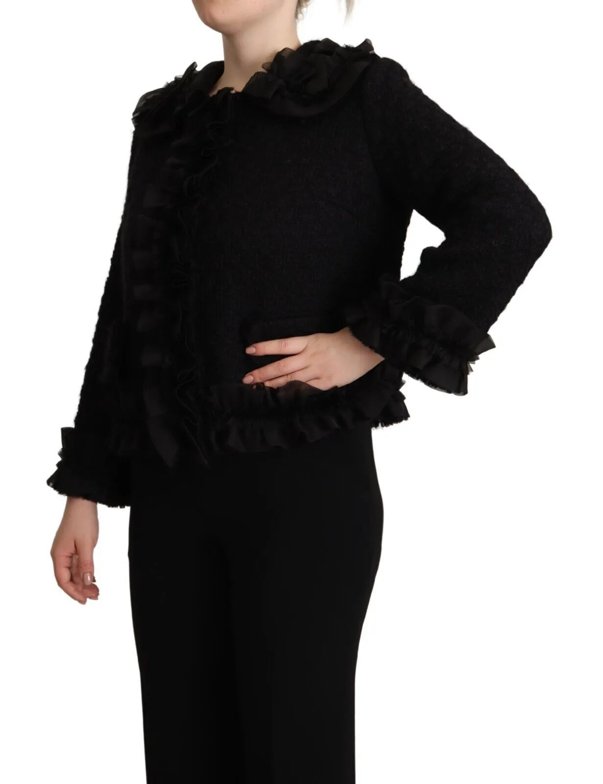 Dolce & Gabbana Women's Black Wool Ruffled Blazer Coat Jacket