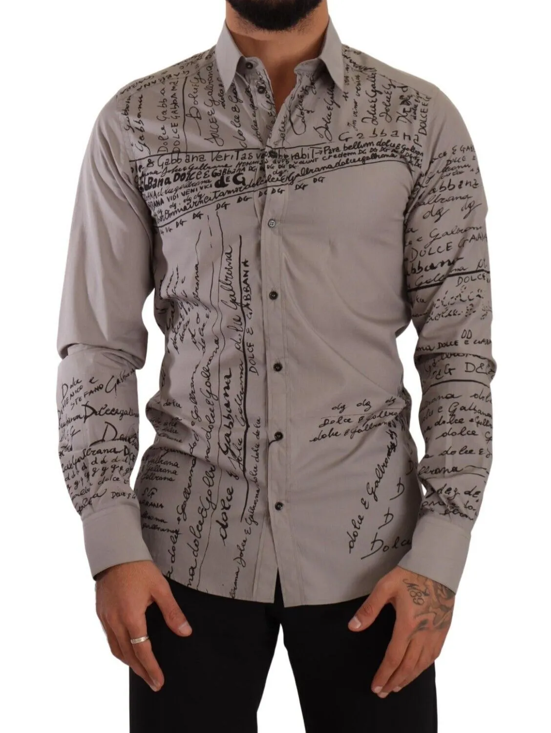 Dolce & Gabbana Men's Elegant Gray Logo Print Cotton Shirt