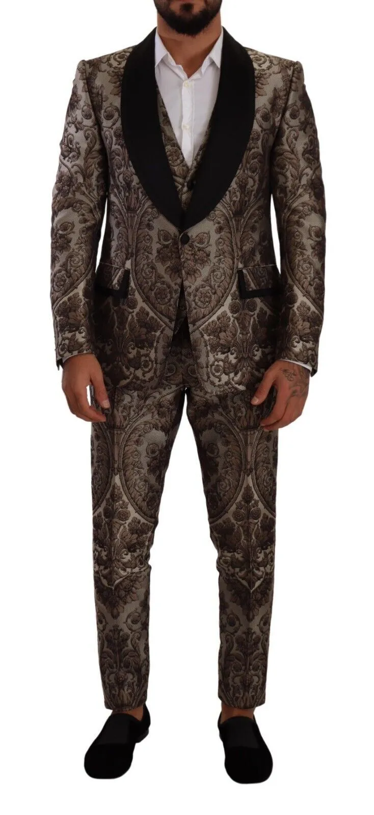 Dolce & Gabbana Men's Elegant Brown Gray Jacquard Men's Suit