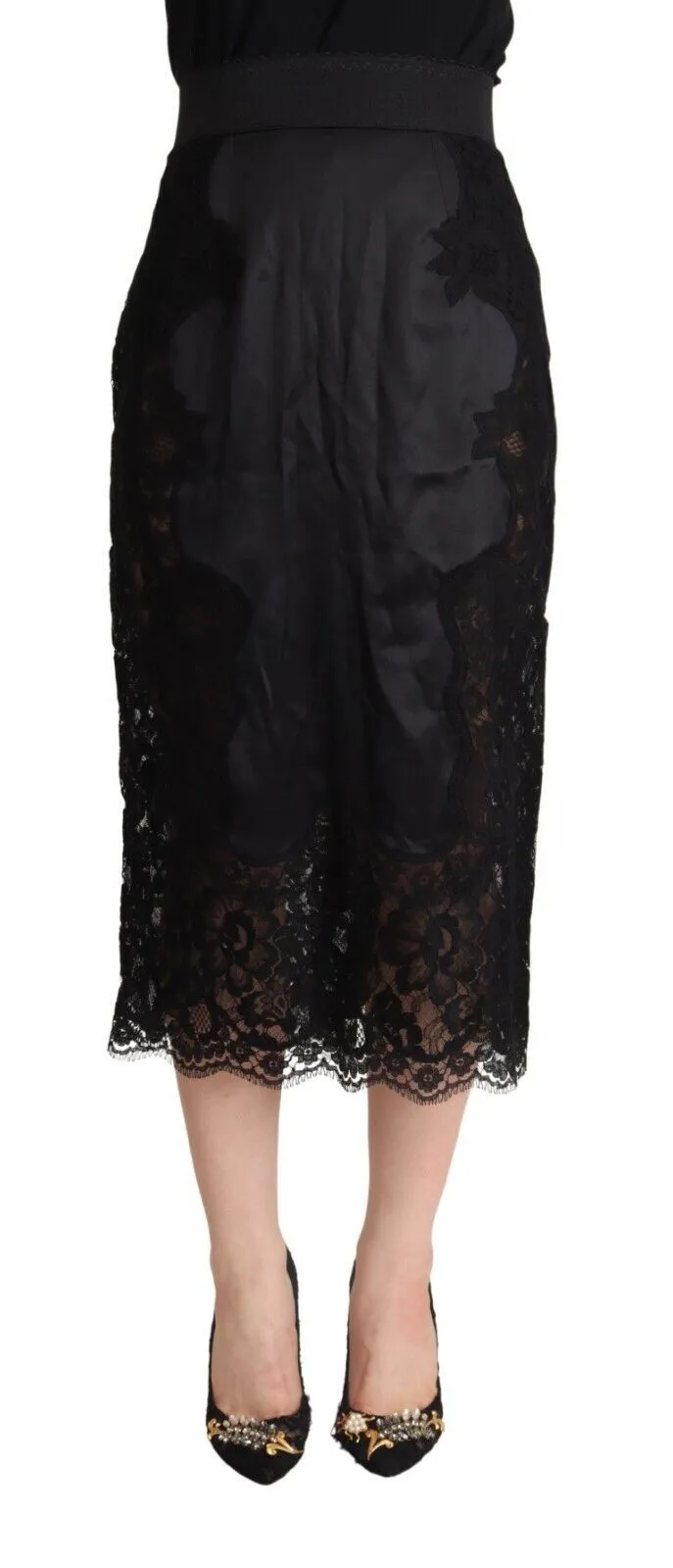 Dolce & Gabbana Women's Black Floral Lace High Waist Midi Pencil Cut Skirt