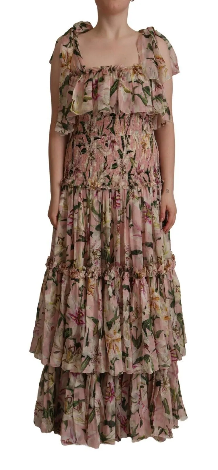 Dolce & Gabbana Women's Elegant Pink Floral Ruched Silk Long Dress