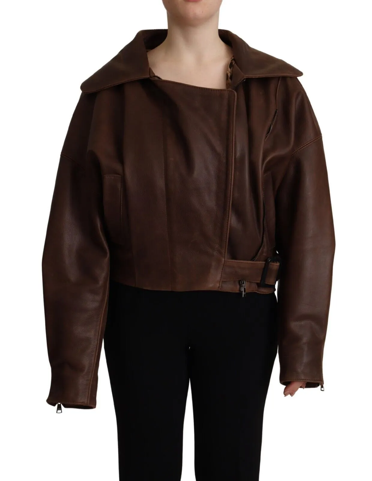 Dolce & Gabbana Women's Brown Bull Leather Collared Biker Coat Jacket