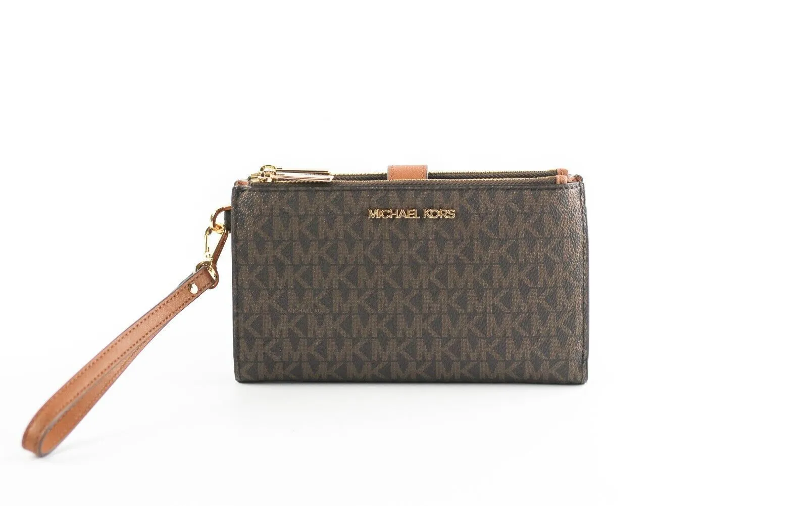 Michael Kors Women's Jet Set Travel Signature Leather Large Double Zip Wristlet Wallet Brown