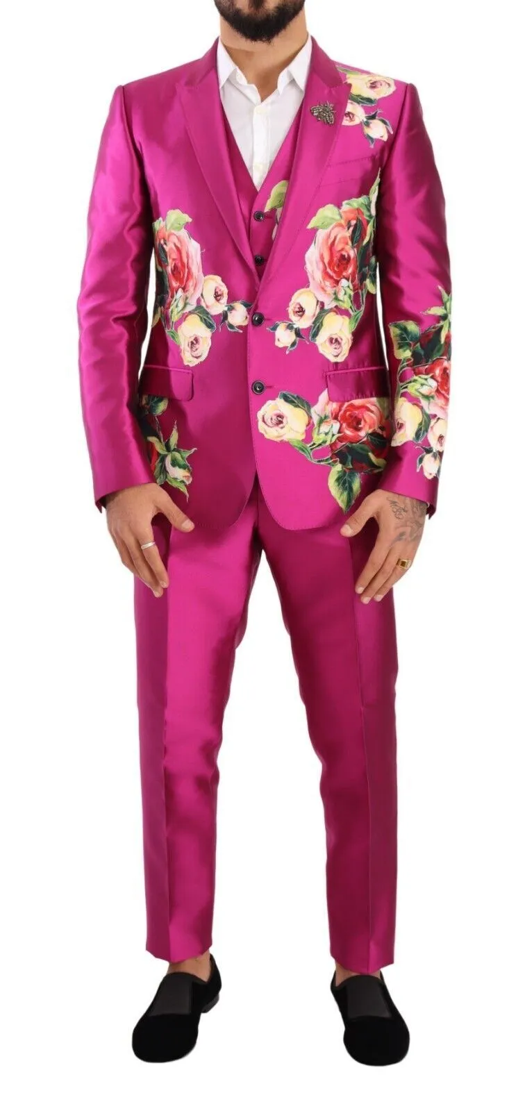 Dolce & Gabbana Men's Pink MARTINI Floral Silk Slim 3 Piece Set Suit