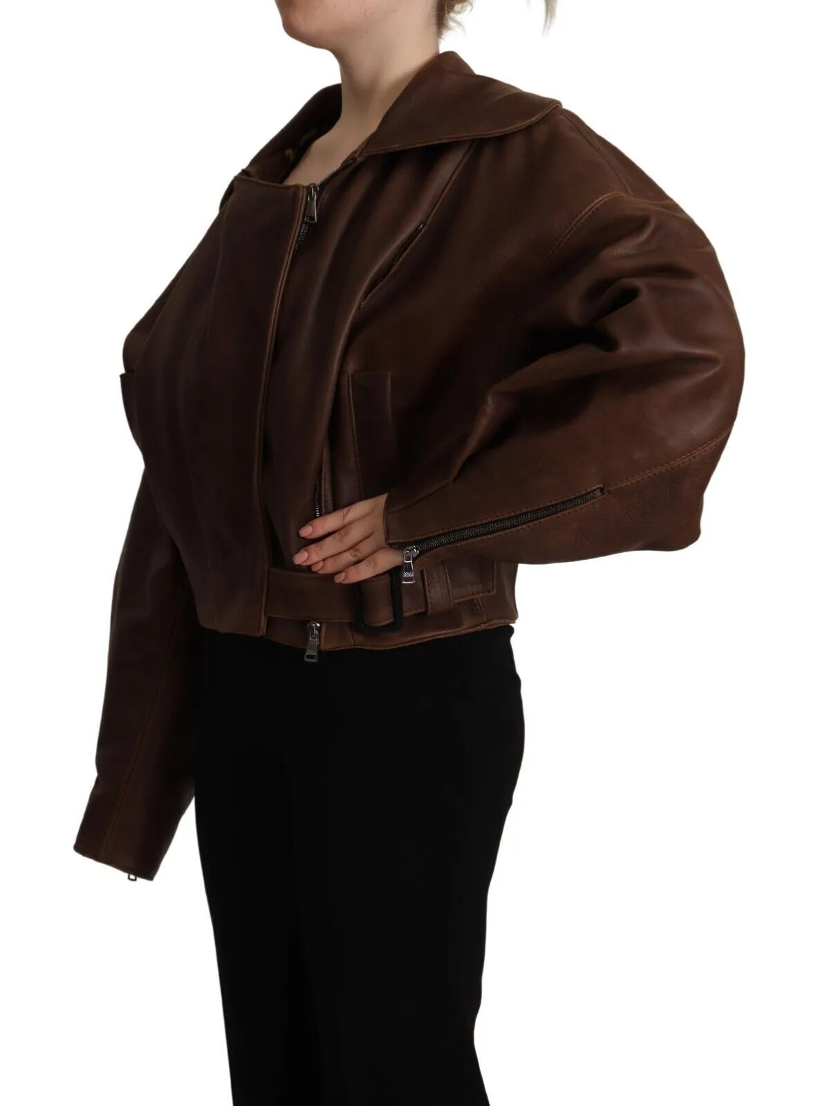 Dolce & Gabbana Women's Brown Bull Leather Collared Biker Coat Jacket