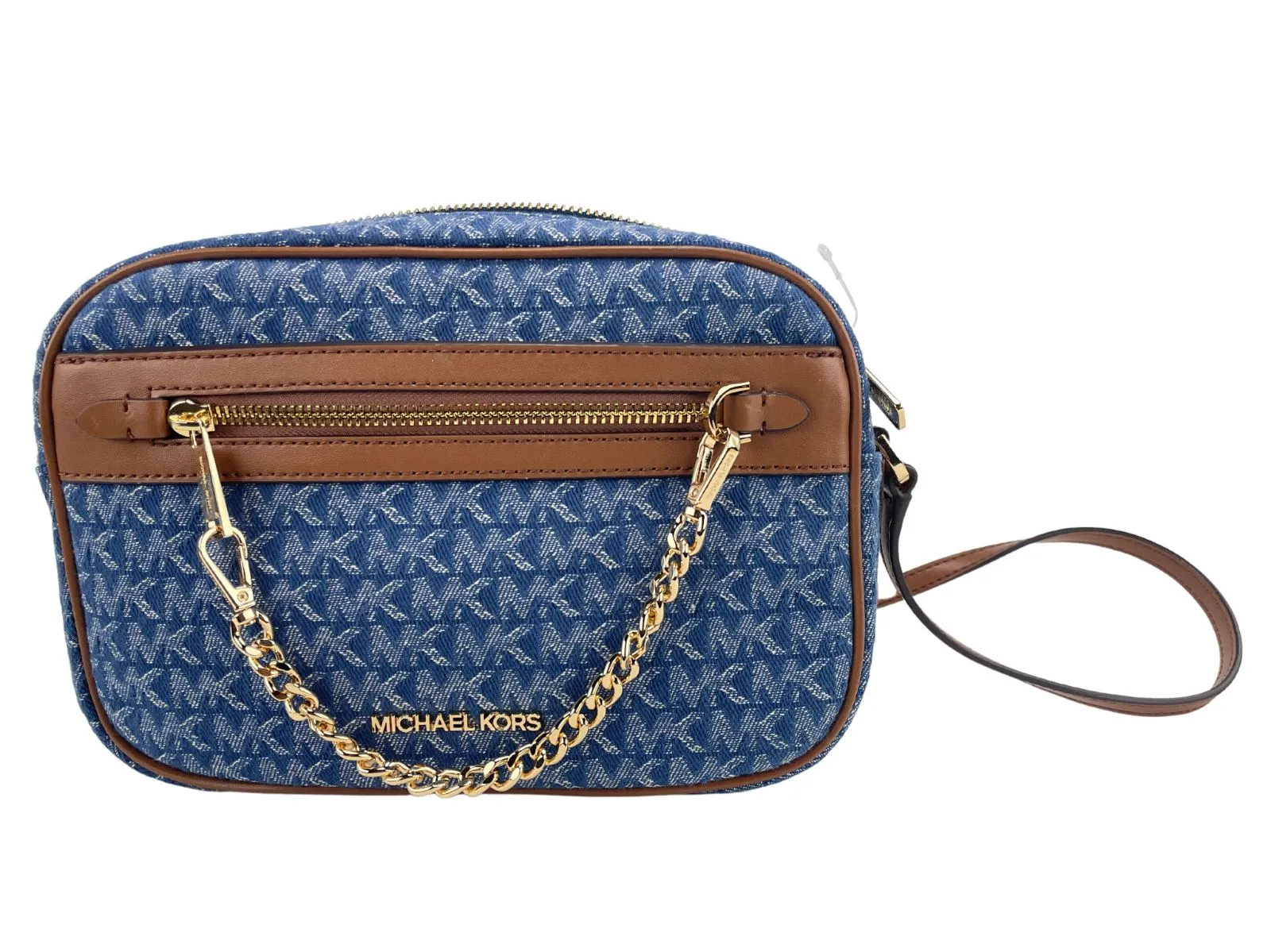 Michael Kors Women's Jet Set East West Denim Signature Zip Chain Crossbody Bag Purse