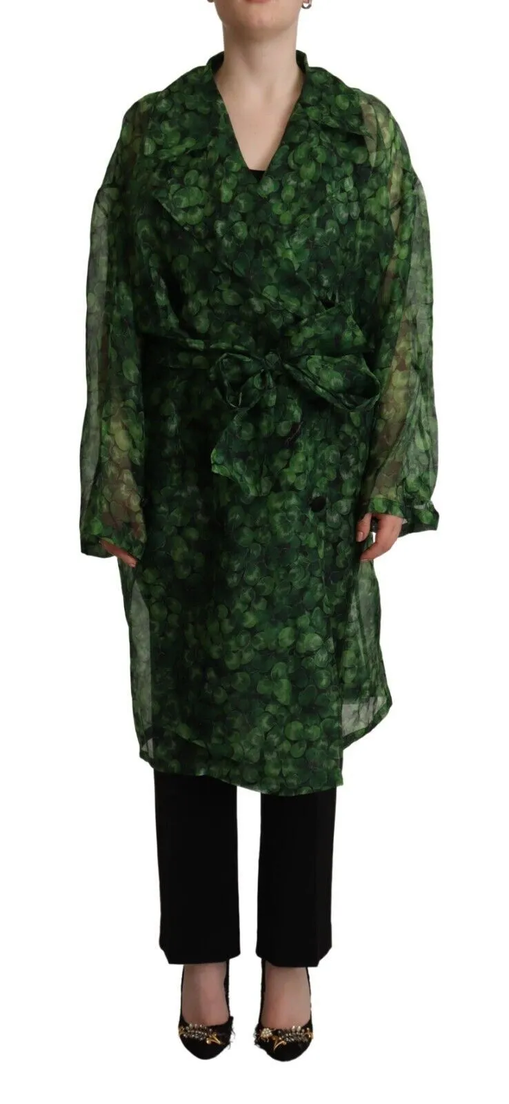 Dolce & Gabbana Women's Green Leaves Silk Organza Belted Coat Jacket