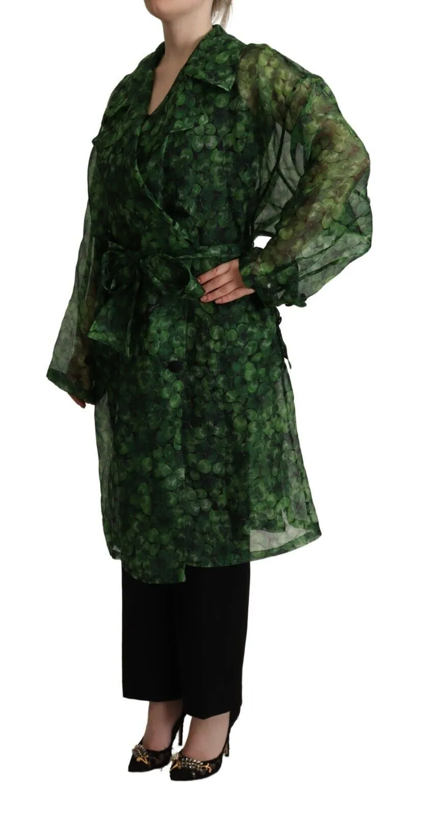 Dolce & Gabbana Women's Green Leaves Silk Organza Belted Coat Jacket
