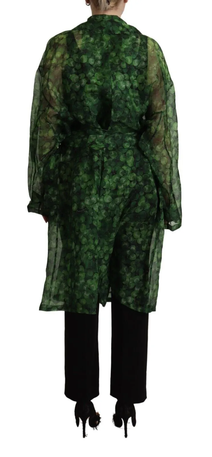 Dolce & Gabbana Women's Green Leaves Silk Organza Belted Coat Jacket